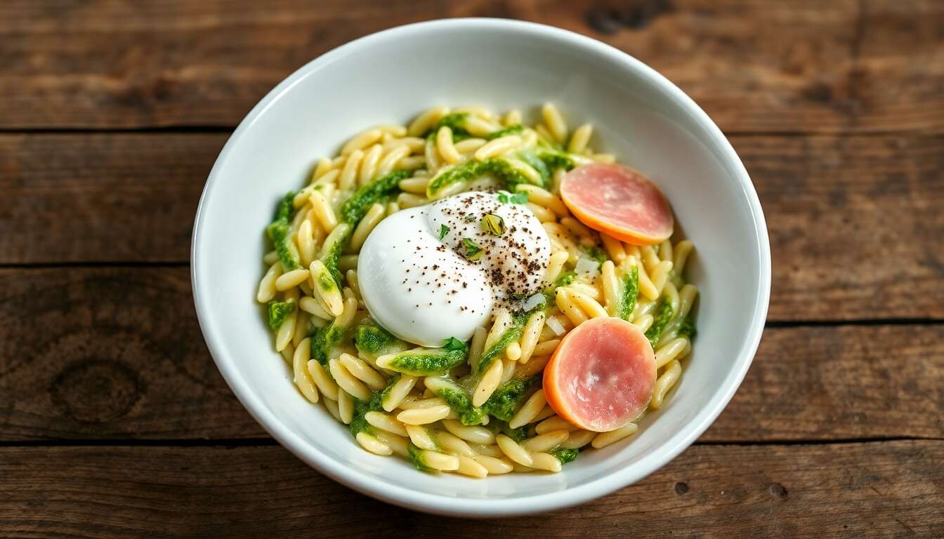 Orzo façon risotto au pesto de pistaches, burrata et mortadelle