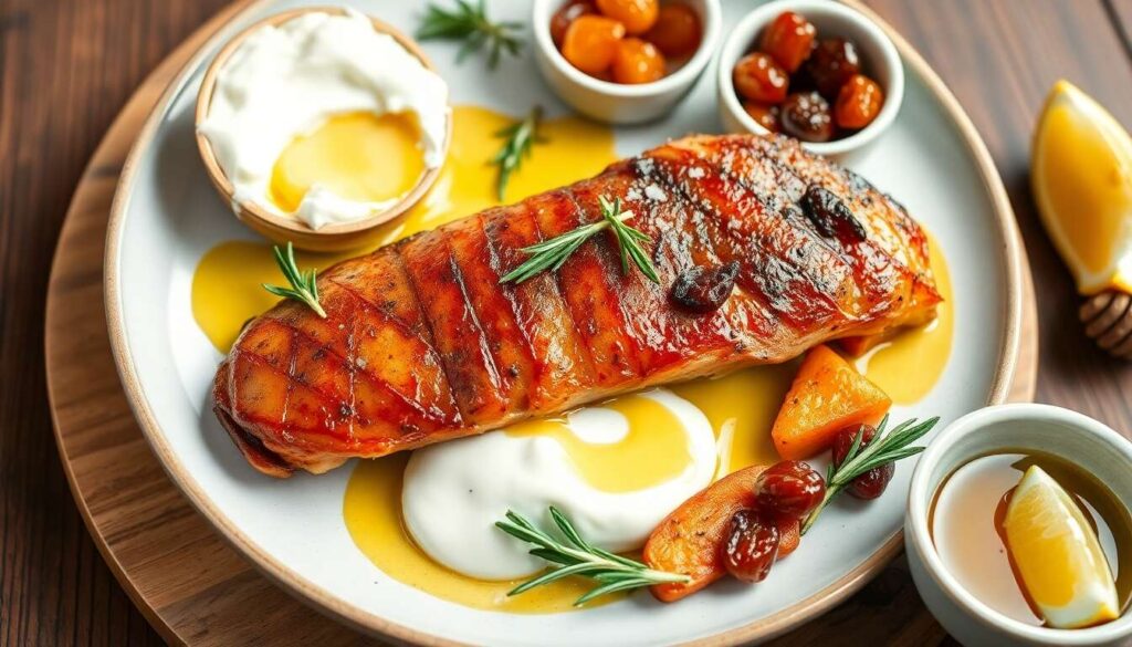 Filet de pintade : patates douces rôties au miel et romarin, pickles de raisins secs et yaourt grec citronné