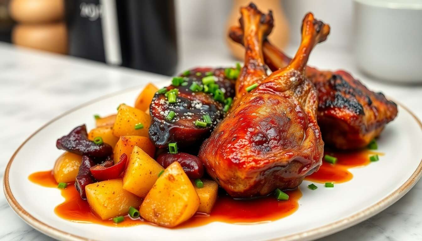 Recette de grenailles, poivrons cornetto et canard confit en vinaigrette épicée