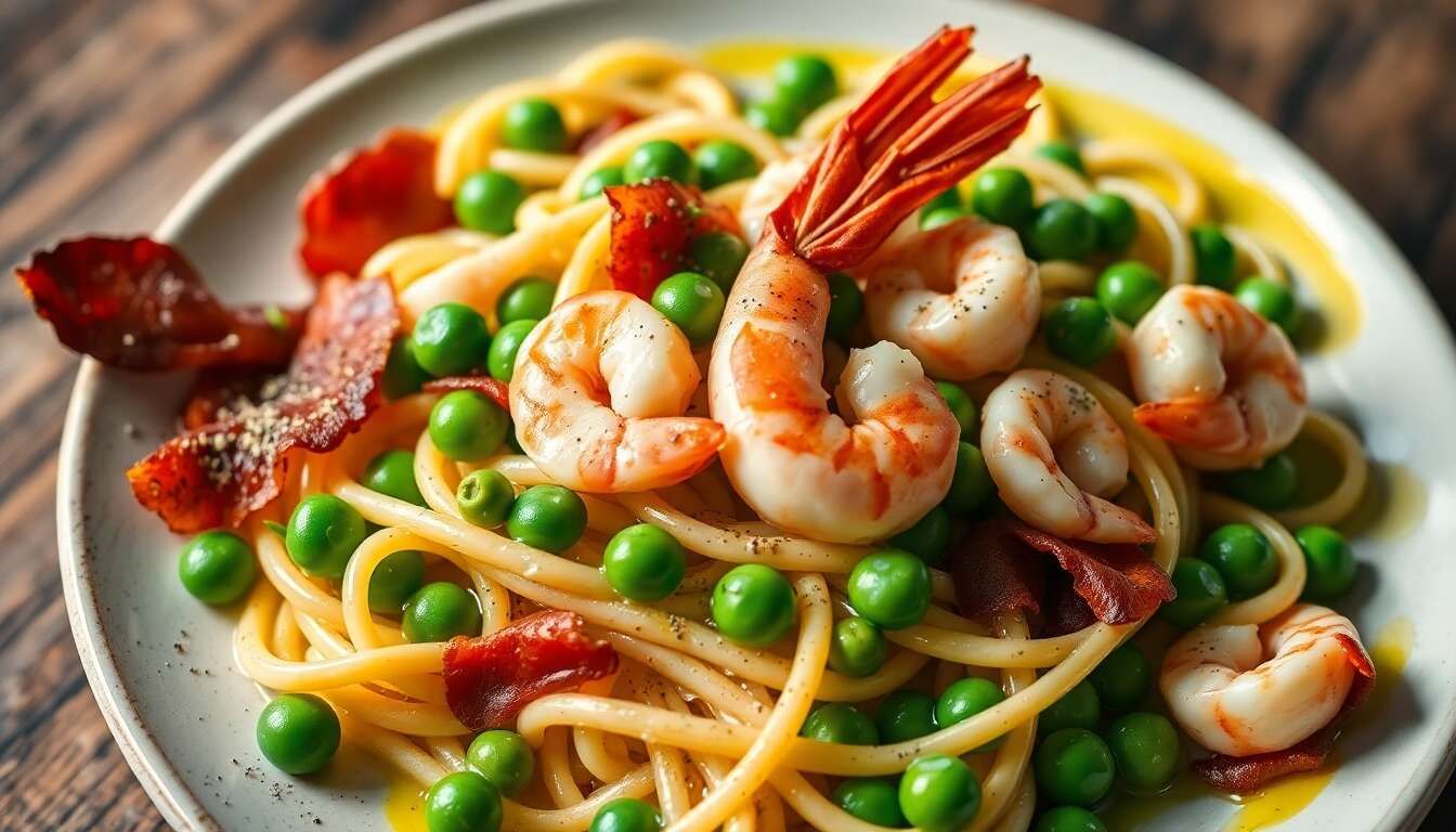 Recette d'Orecchiette au Lard Fumé, petits Pois et Sauce Gambas