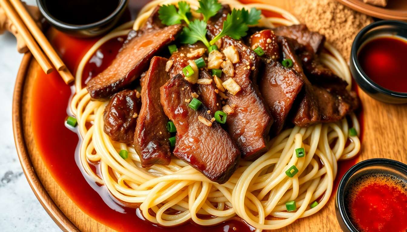 Nouilles au bœuf mariné, soja et chili doux : recette gourmande