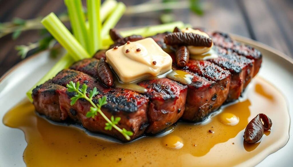 Filet de bœuf grillé : beurre d'anchois, foie gras et céleri