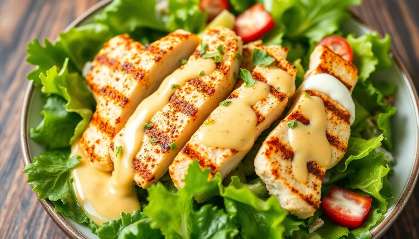 Salade de poulet grillé moelleux : recette vitaminée au dressing yaourt-moutarde