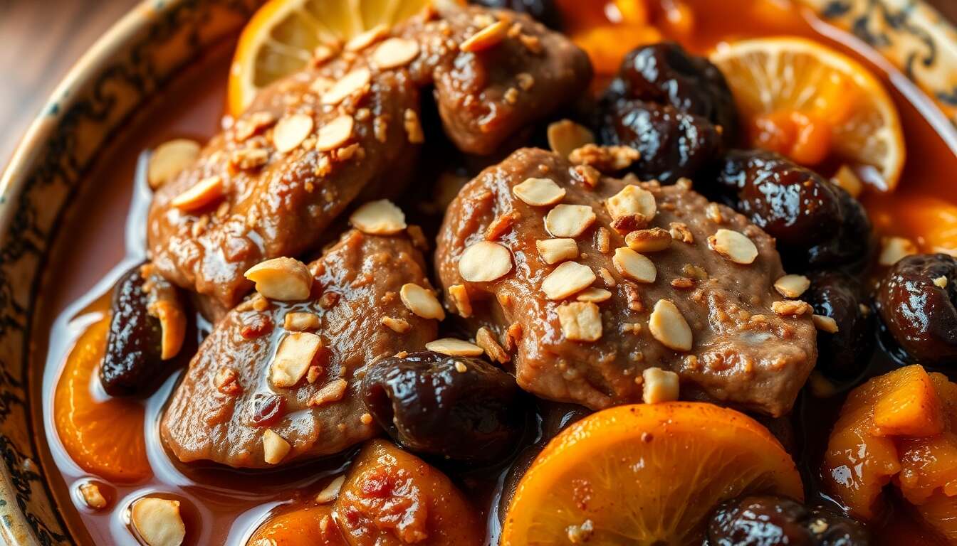 Tajine de joues de veau : pruneaux, amandes et agrumes