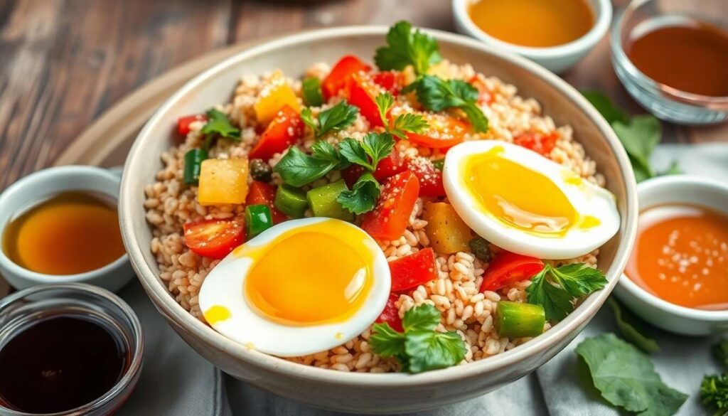 Salade de blé tiède aux légumes aigre-doux et omelette