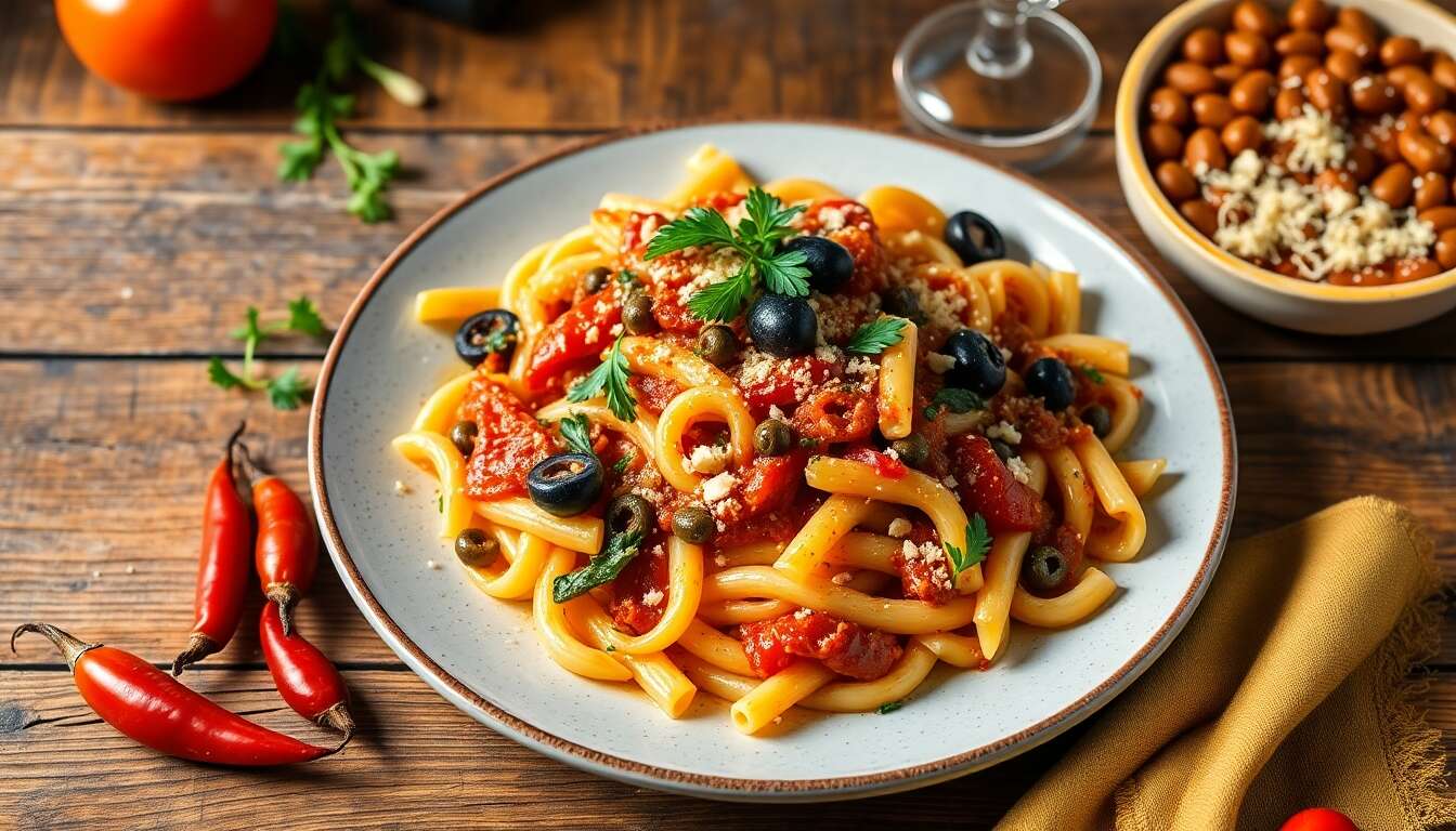 Recette de penne à l'arrabbiata-puttanesca avec seiche et gremolata aux olives noires