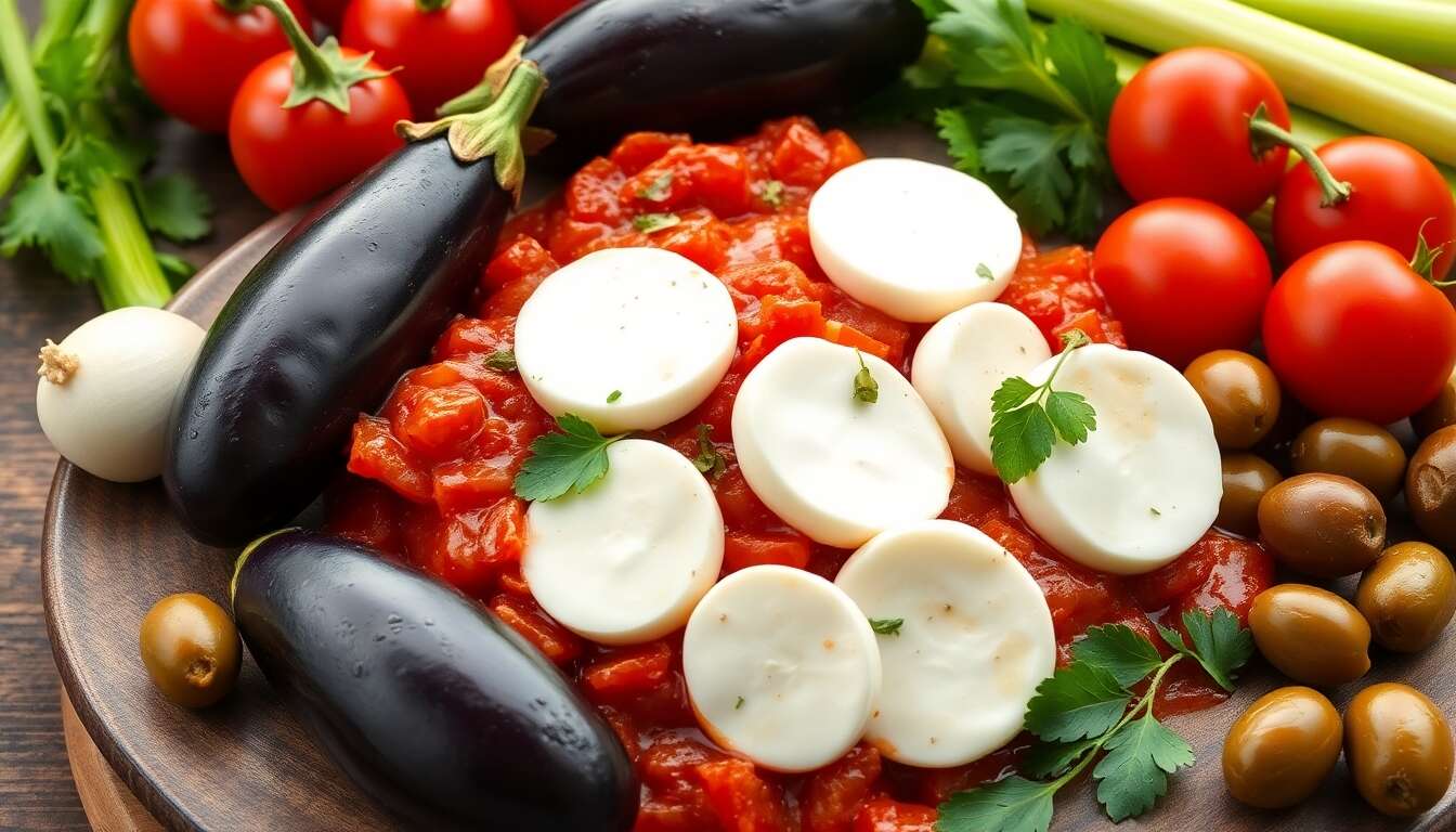 Caponata sicilienne en aigre-doux, mozzarella de bufflonne et spianatta piquante : recette savoureuse