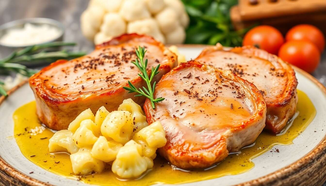 Recette : côtes de porc Menapien et gratin de chou-fleur aux épices Colombo