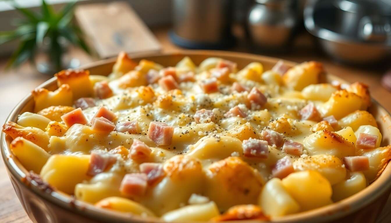 Recette de coquillettes au jambon et aux quatre fromages gratinées