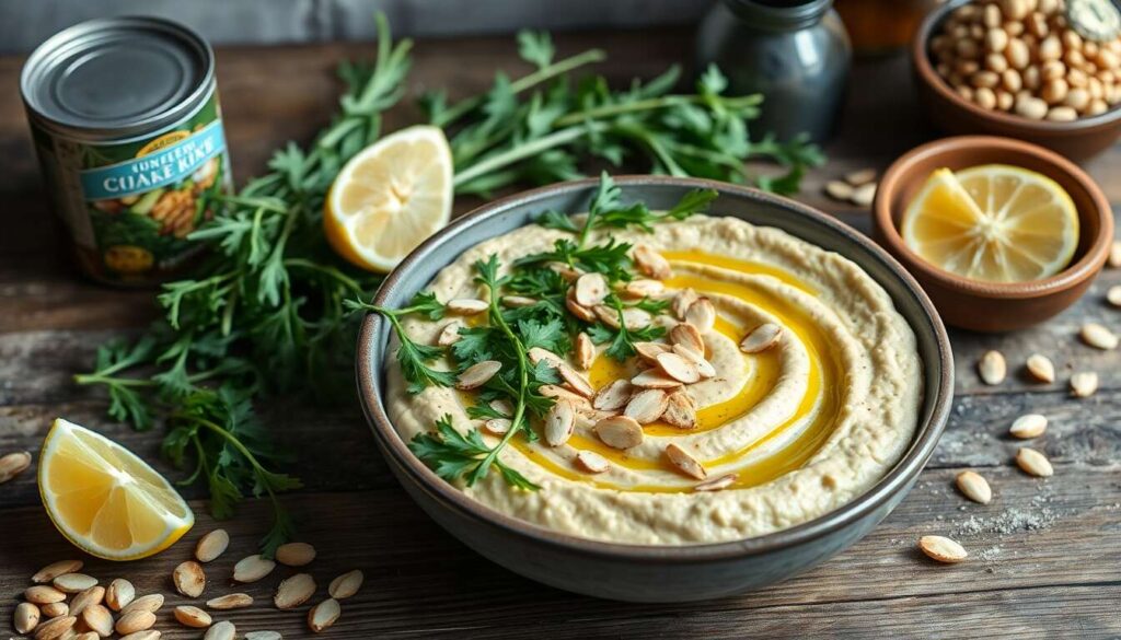 Recette de houmous de haricots cannellini, fenouil rôti et roquette aux amandes grillées