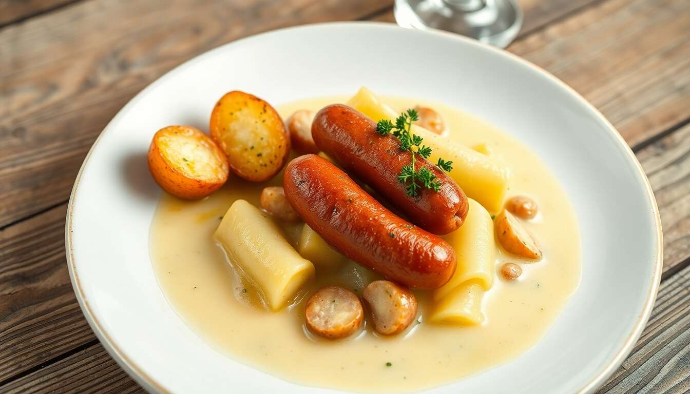Salsifis à la sauce blanche citronnée avec pommes de terre et saucisse Cumberland