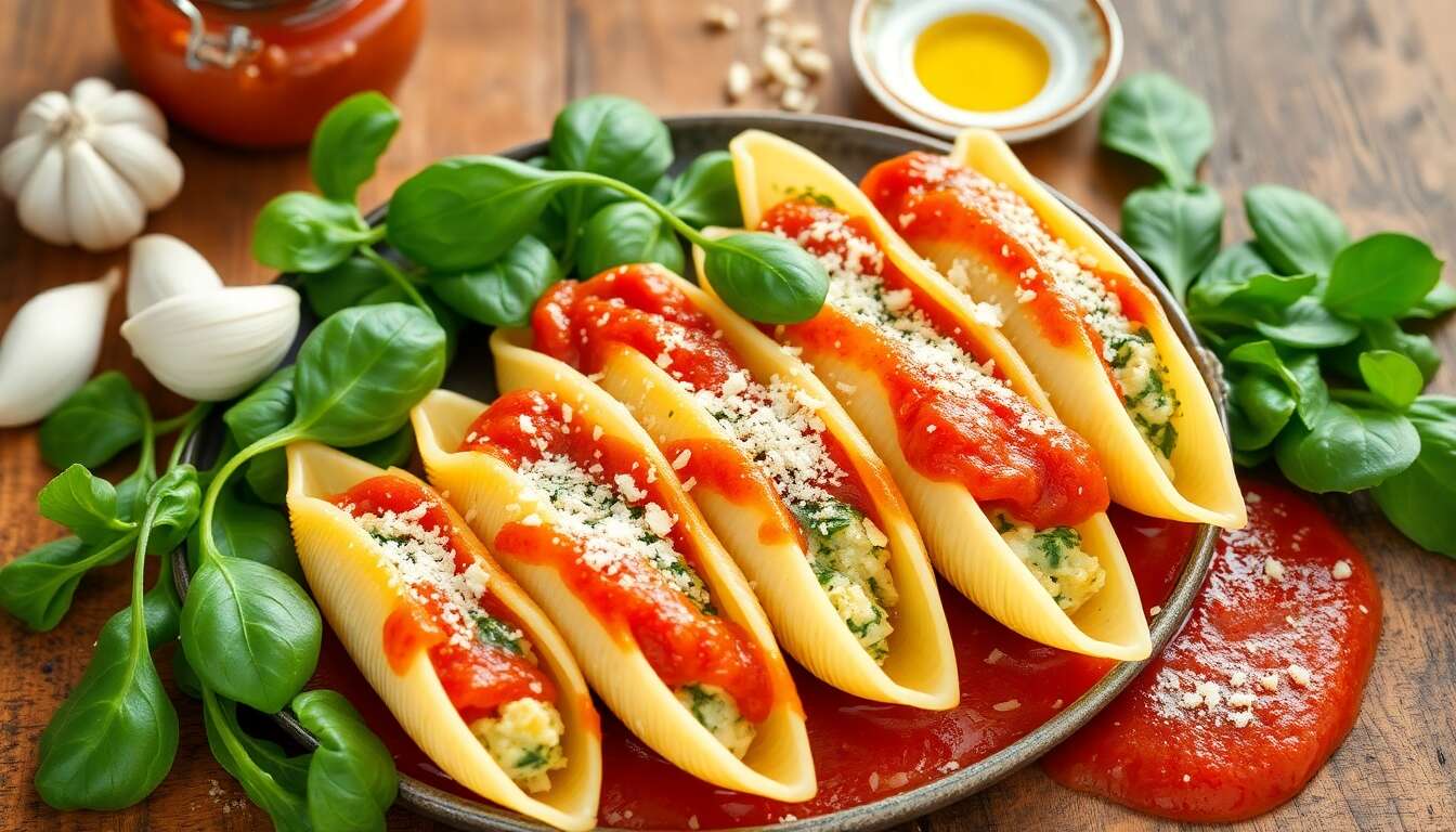 Conchiglioni farcis : brocciu, épinards et sauce tomate