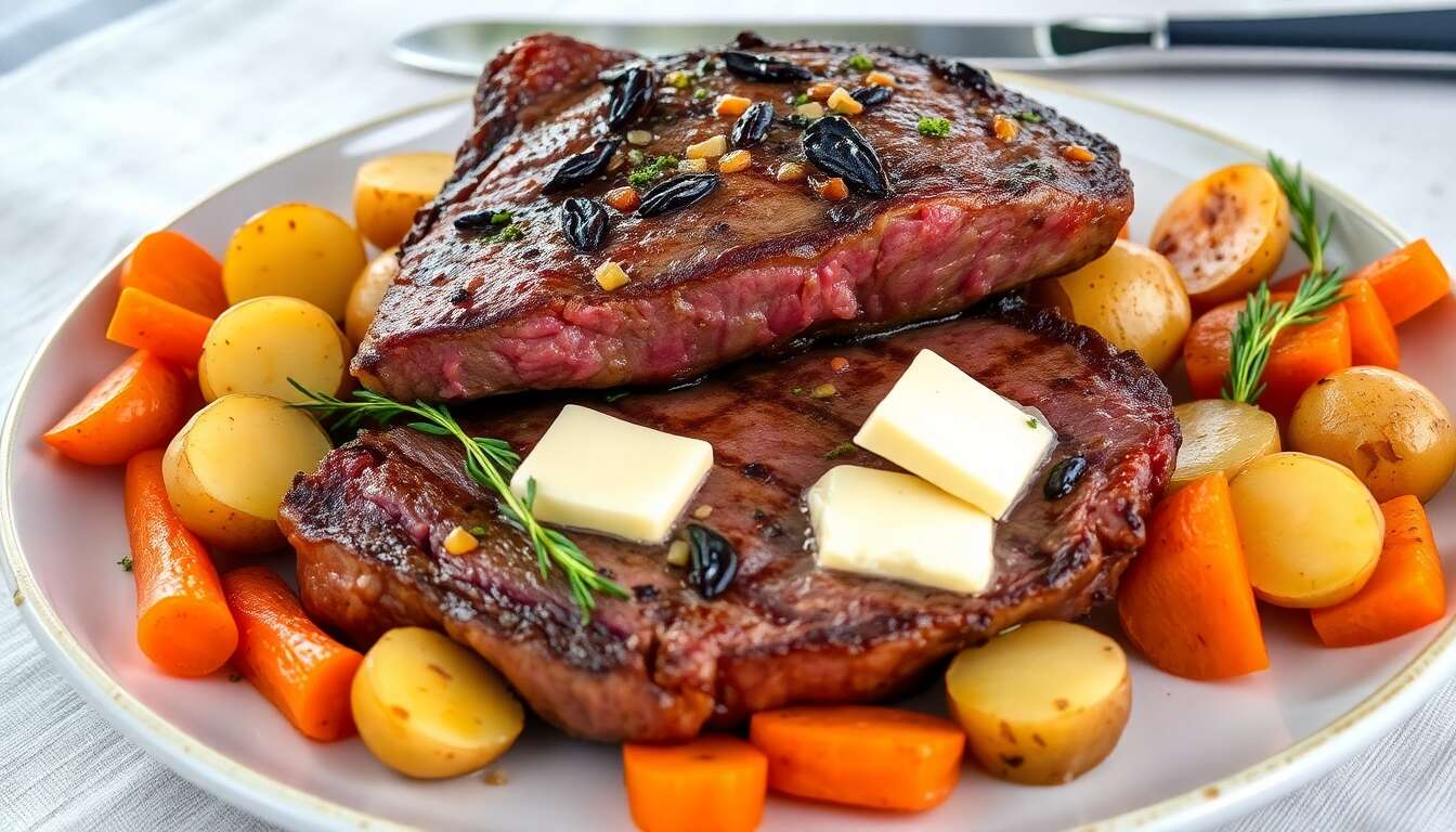 Recette d'onglet de Scottish Beef au beurre d'anchois avec légumes fondants