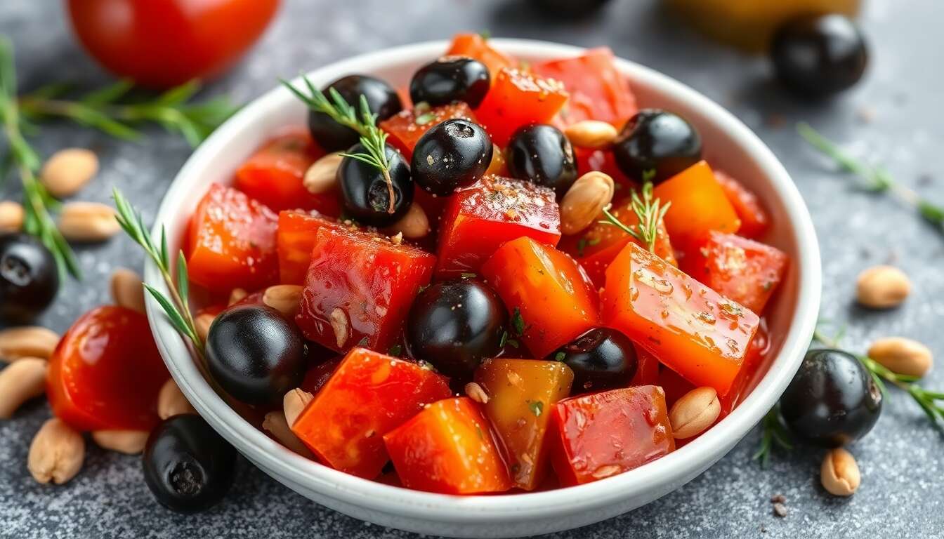 Salsa de tomates : recette aux tomates confites, pignons et olives