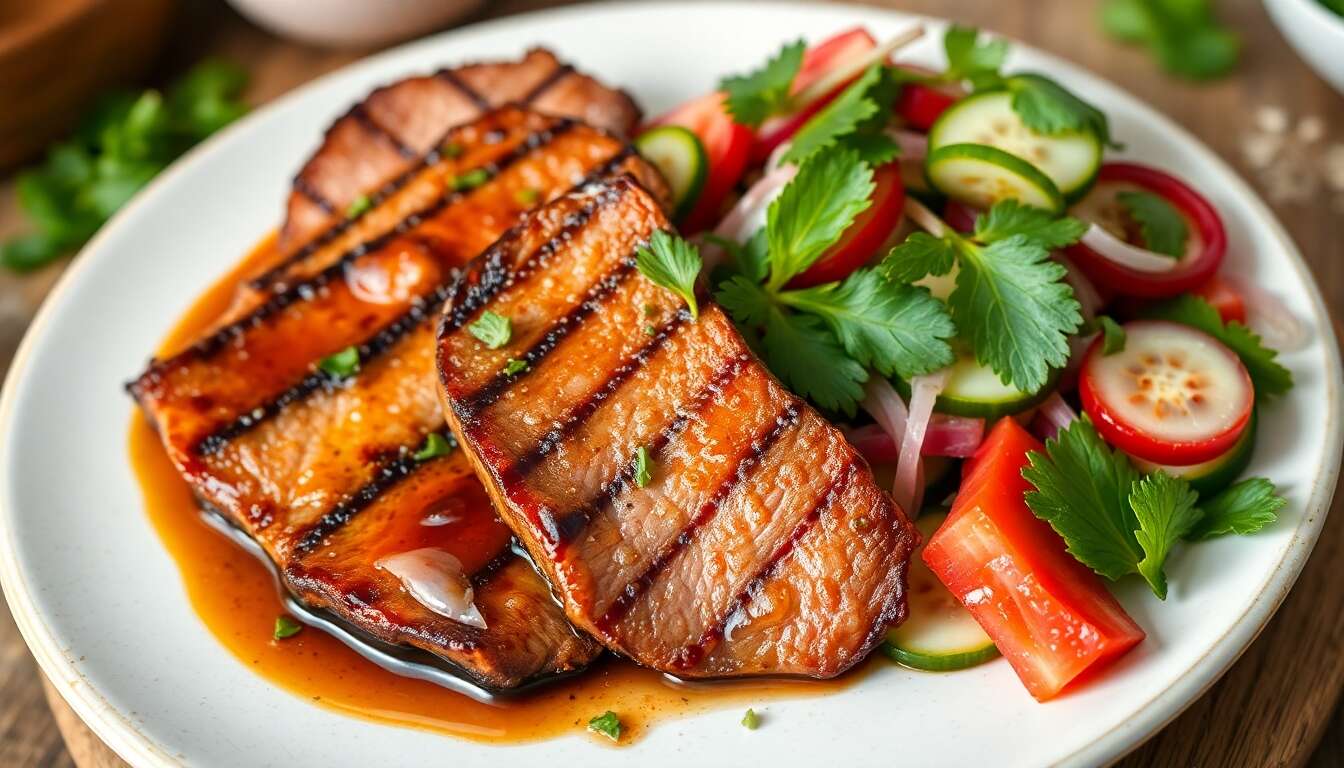 Tigre qui pleure à la rhubarbe : recette thaïlandaise et salade de concombre