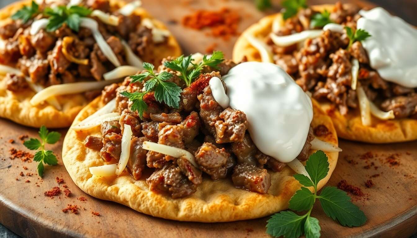 Pains plats au pulled lamb, chou blanc mariné et sauce yaourt grec
