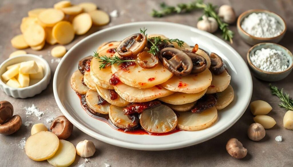 Recette de terrine de pommes de terre et champignons Portobello, sauce meurette