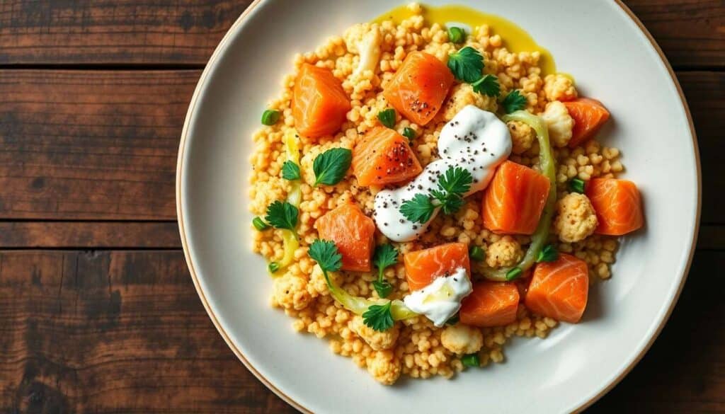 Fregola Sarda Marinière : chou-Fleur Rôti, saumon Fumé et Sauce au Cresson