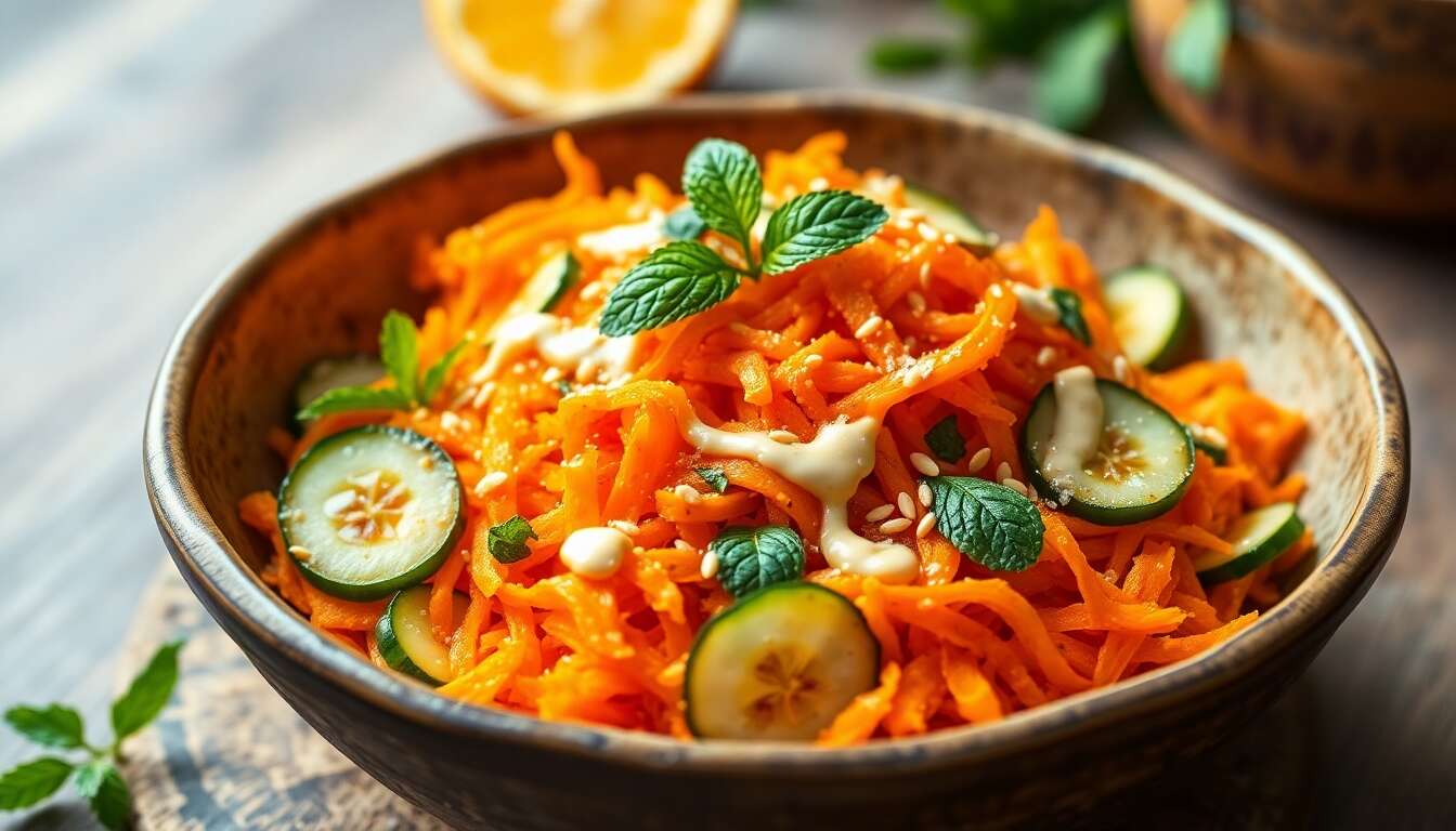 Salade de carottes à l'orange, pickles de concombres et tahin