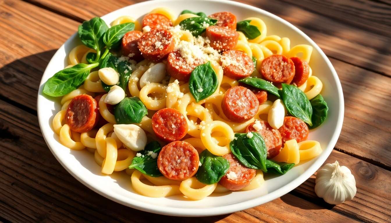 Orecchiette à la saucisse italienne, fenouil et épinards, crème de parmesan