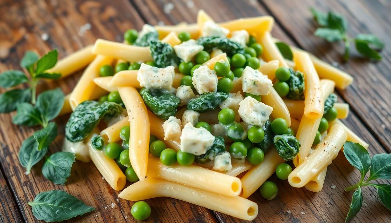 Penne aux épinards, petits pois et gorgonzola : recette gourmande