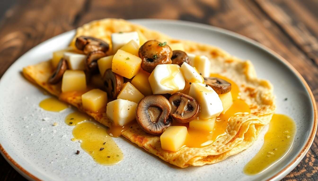 Crêpe suédoise aux pommes de terre : recette au Herve, chou-fleur et champignons, sauce miel-moutarde