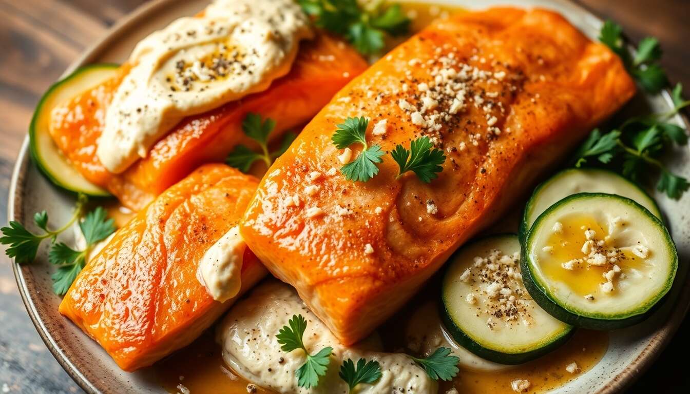 Saumon au four, stoemp de houmous : courgette, coriandre et Flandrien rouge