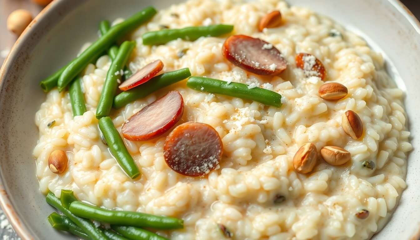 Risotto crémeux aux haricots verts, canard fumé, noisettes et parmesan
