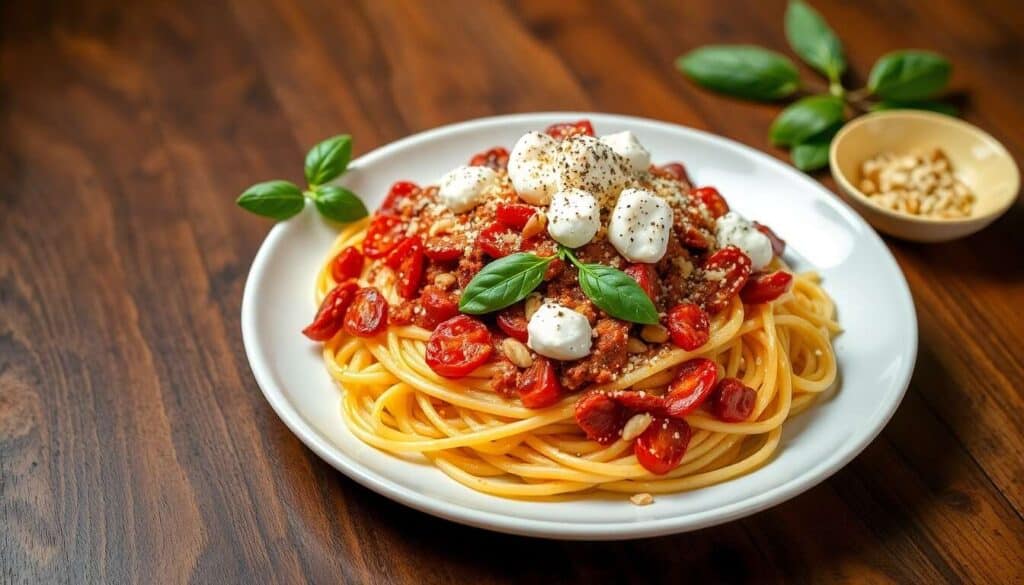 Spaghettoni au pesto de tomates séchées et ricotta : recette savoureuse