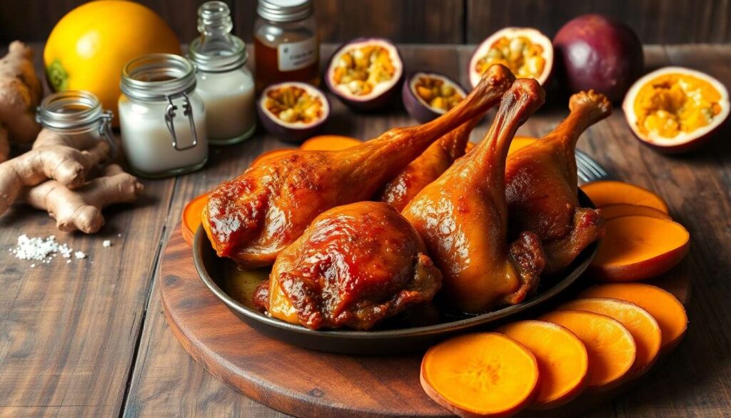 Cuisses de canard confites : croustillantes et gratin de patate douce au lait de coco, gingembre et gastrique mangue-passion