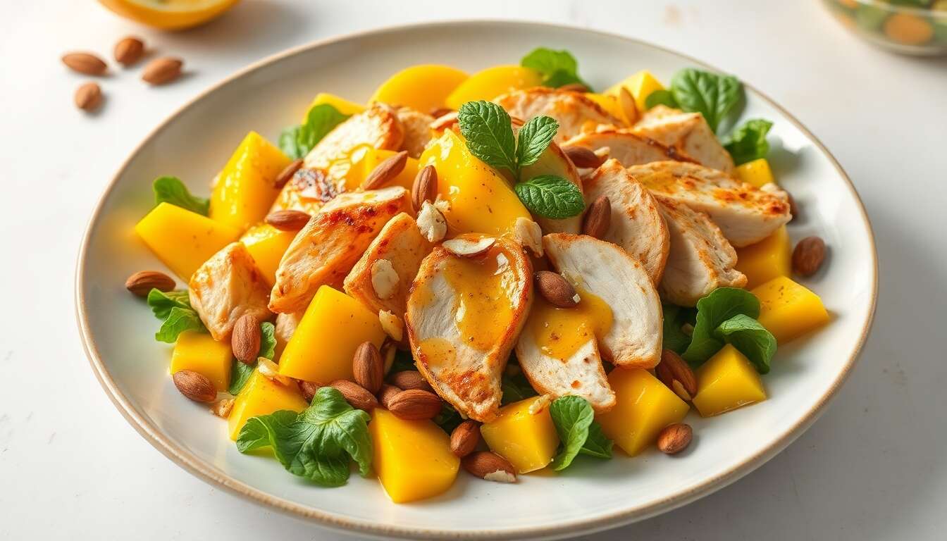 Salade de poulet et mangue : vinaigrette à l'orange et au yuzu