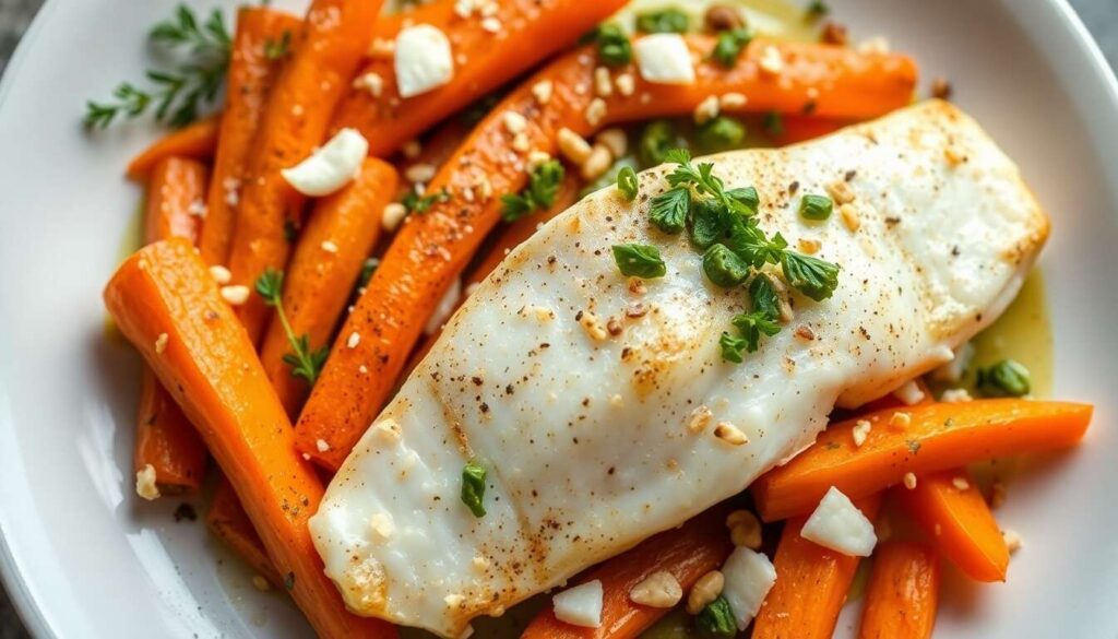 Filet de bar aux carottes rôties et pesto de fanes : recette gourmande