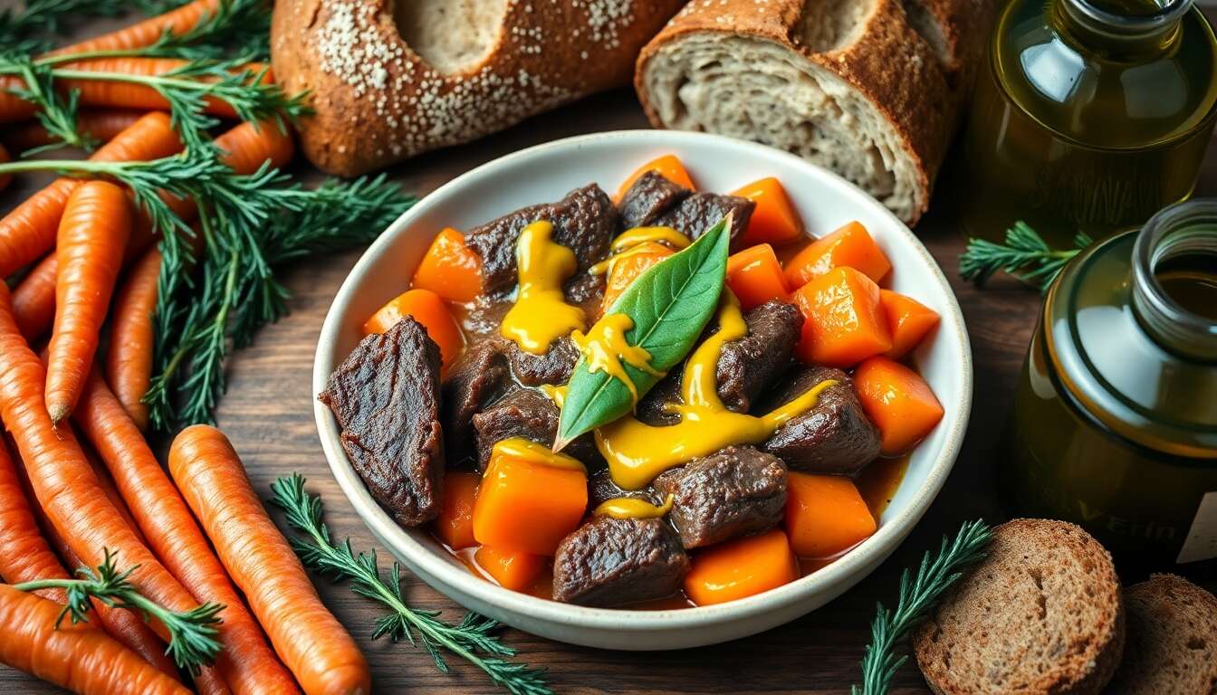 Bœuf aux carottes et moutarde : recette savoureuse avec fanes