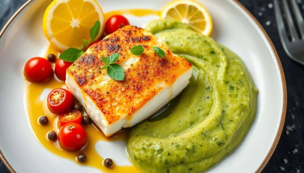 Cœur de cabillaud rôti, sauce vierge et purée d'herbes fraîches