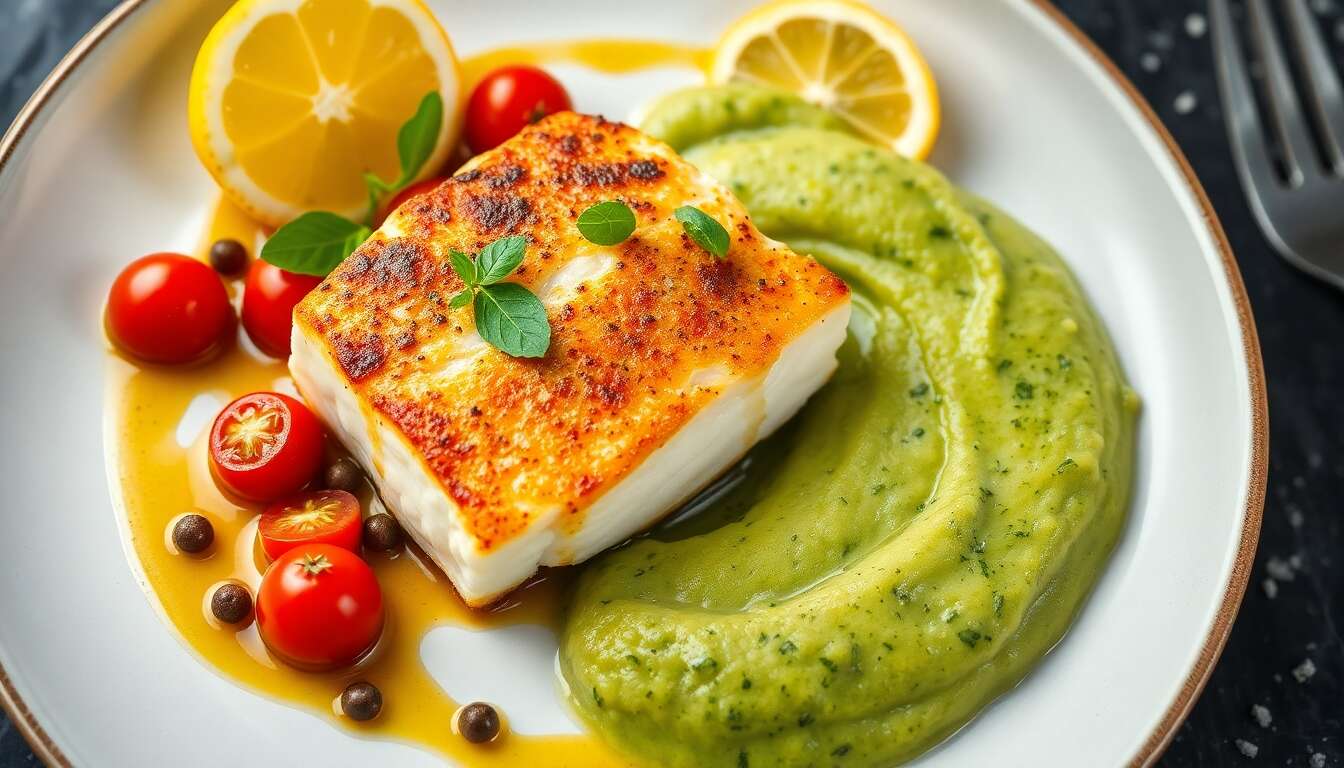 Cœur de cabillaud rôti, sauce vierge et purée d'herbes fraîches