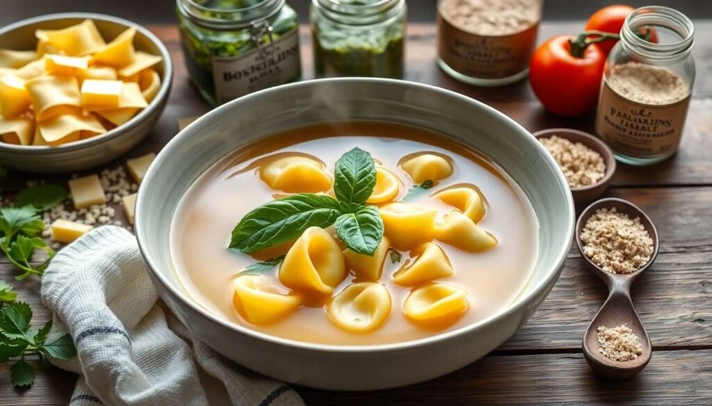 Bouillon de légumes et tortellini au pesto : recette savoureuse