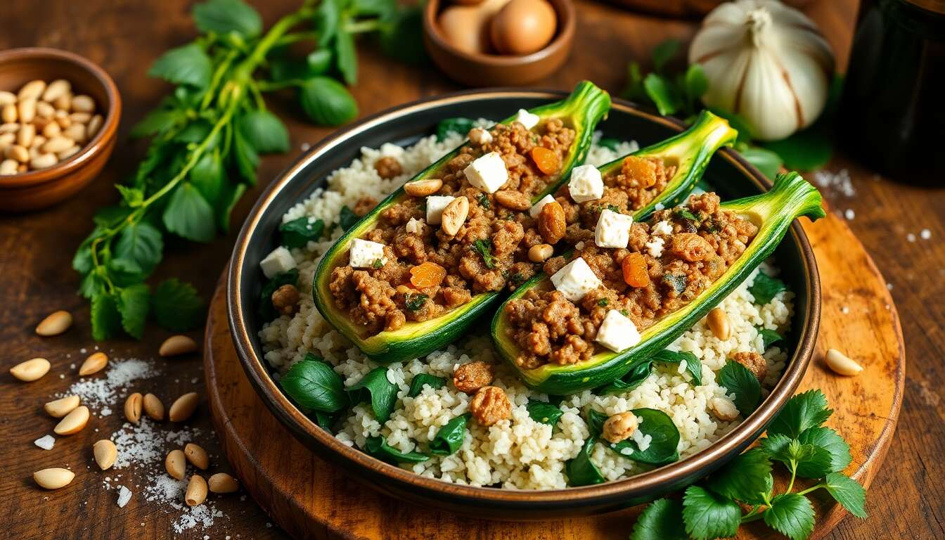 Courgettes farcies à l'agneau, raisins secs, feta et pignons : une recette savoureuse avec riz pilaf aux épinards