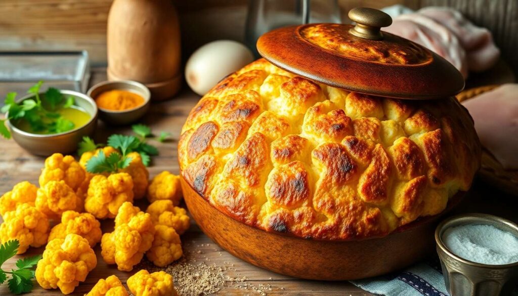Chou-fleur épicé en cocotte lutée et nuggets au curry