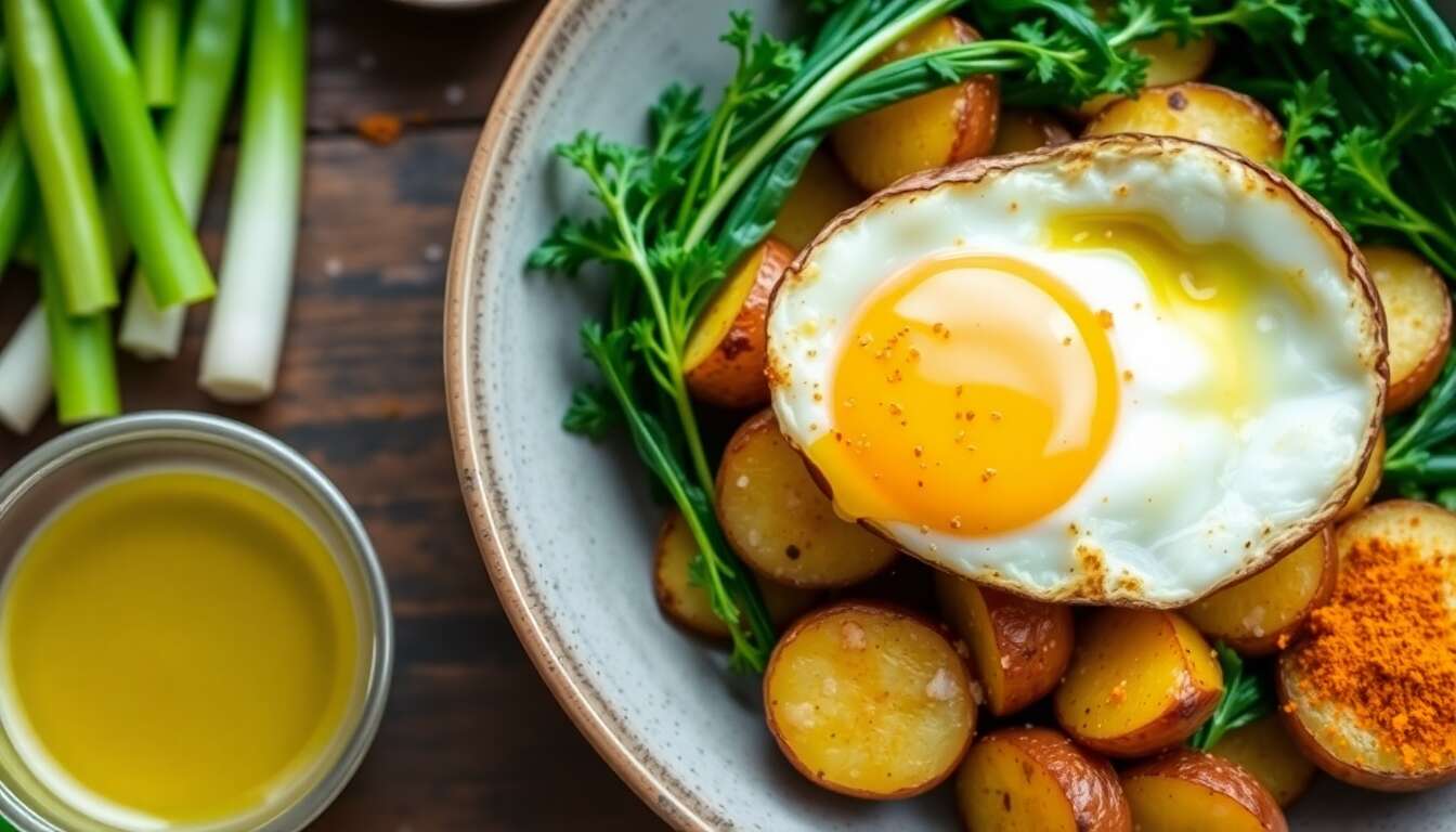 Pommes de terre à l'indienne : vert de poireau et œuf sur le plat