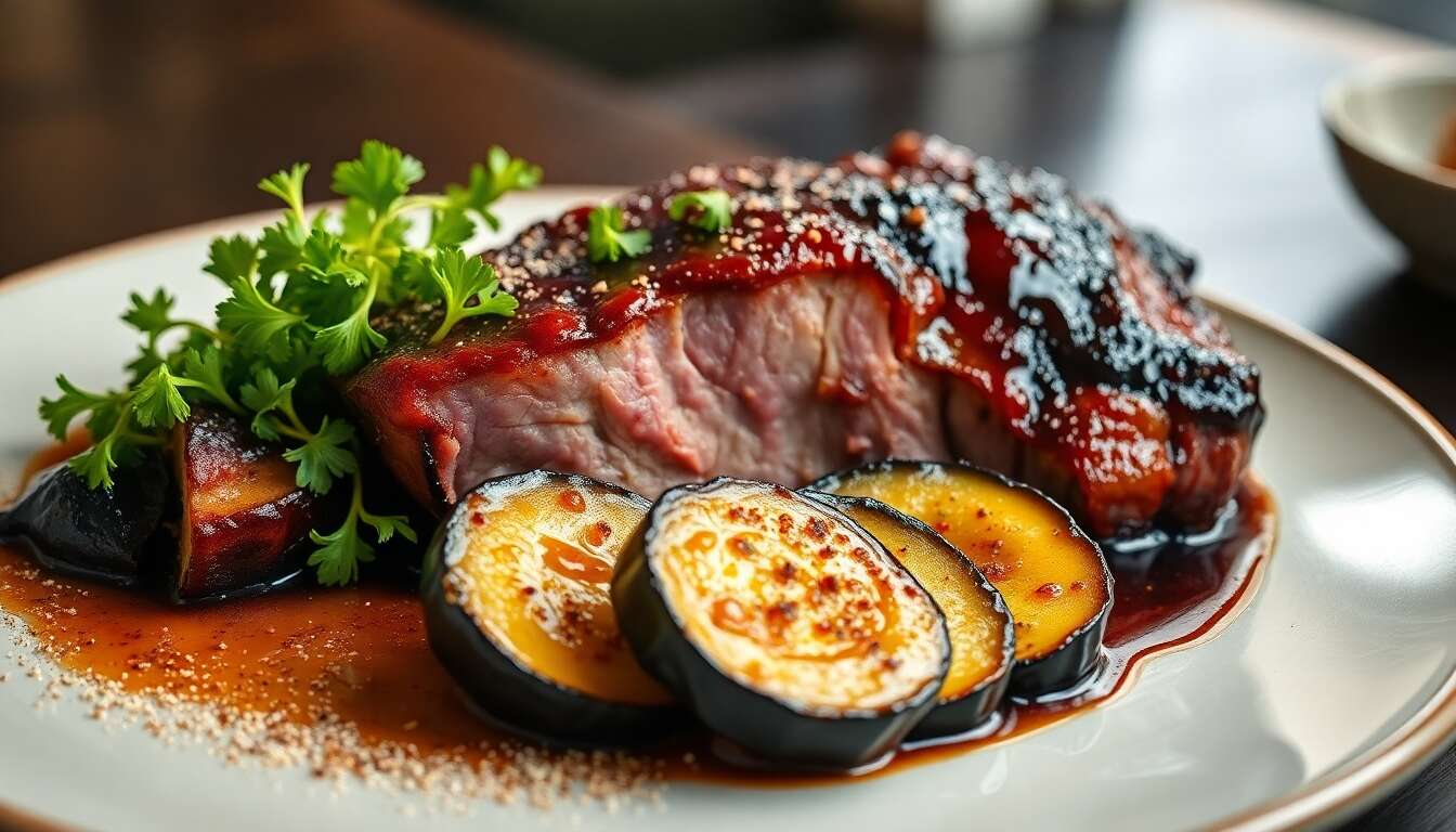 Presque de porc ibérique laquée : recette savoureuse avec aubergines épicées