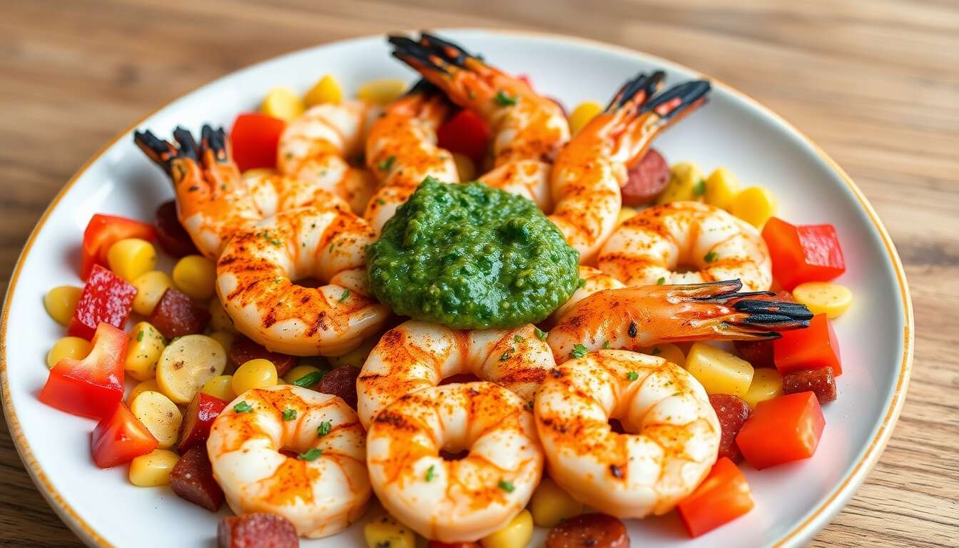 Gambas mexicaines grillées : maïs, poivrons et chorizo doux avec condiment chimichurri