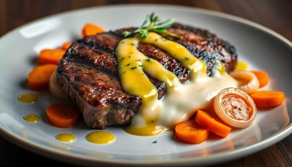 Recette de boeuf Rubia Gallega : crème d'ail noir, carottes et oignons