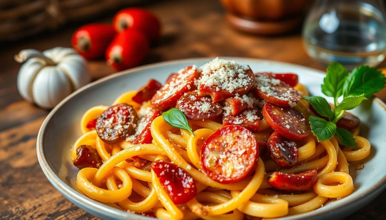 Recette de Fileji aux Friggitelli Rôtis et Salsiccia Abruzzese Piquante