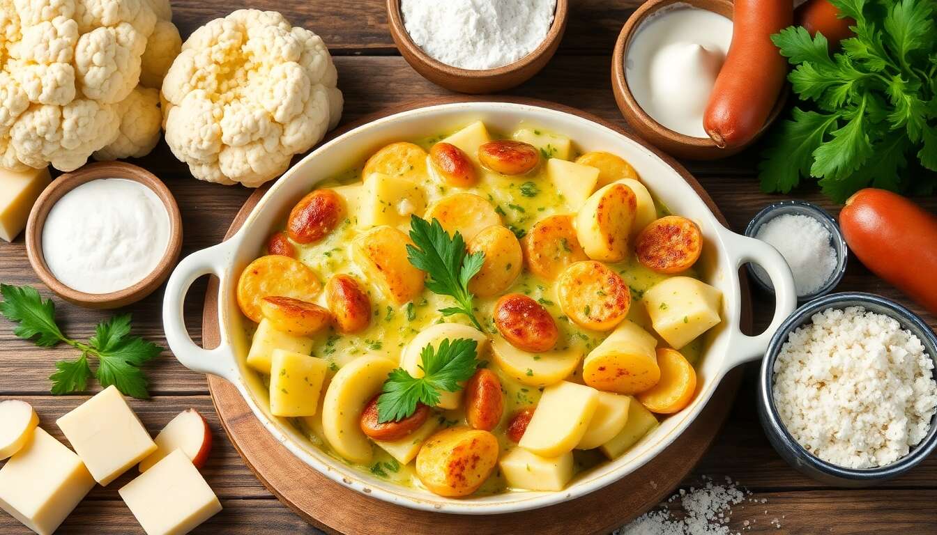 Chou-fleur gratiné : béchamel au pesto, pommes de terre rissolées et saucisse italienne
