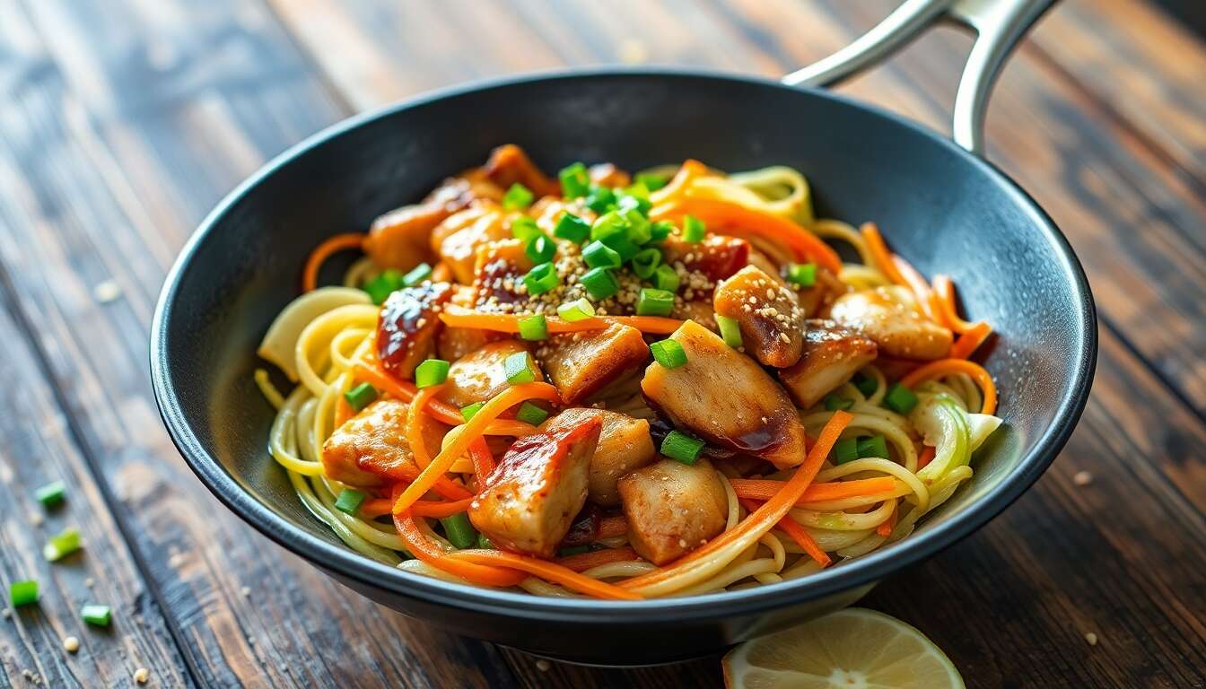 Wok de nouilles chinoises : poulet, choux, carottes et champignons