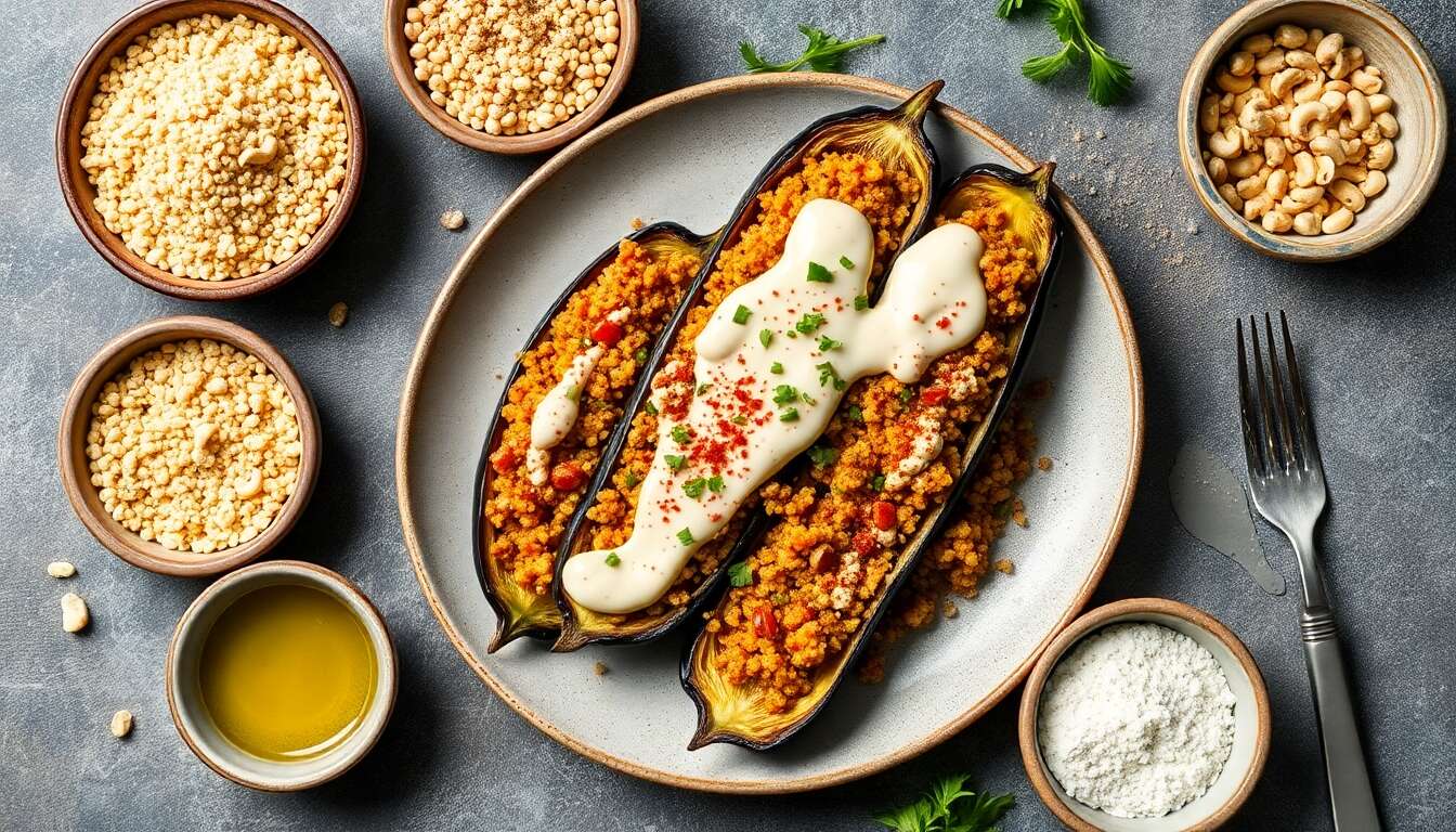 Aubergine farcie au quinoa épicé : recette gourmande à la crème de noix de cajou