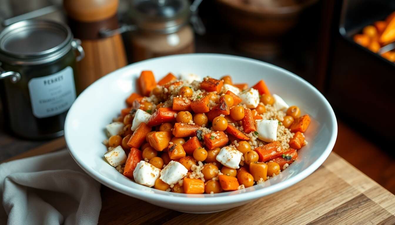 Carottes et pois chiches grillés : recette aigre-douce avec mozzarella et quinoa