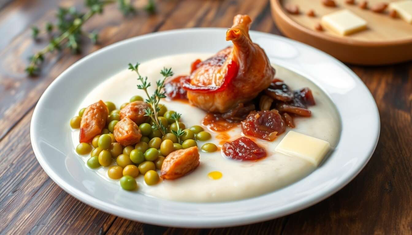 Crème de chou-rave et compotée d'oignons rouges : lentilles aux gésiers confits