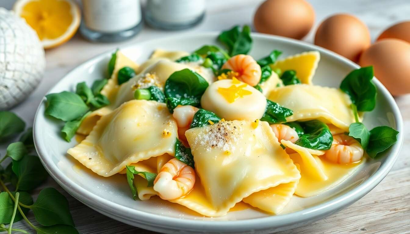 Ravioli ricotta, épinards et gambas au beurre de bergamote : recette gourmande
