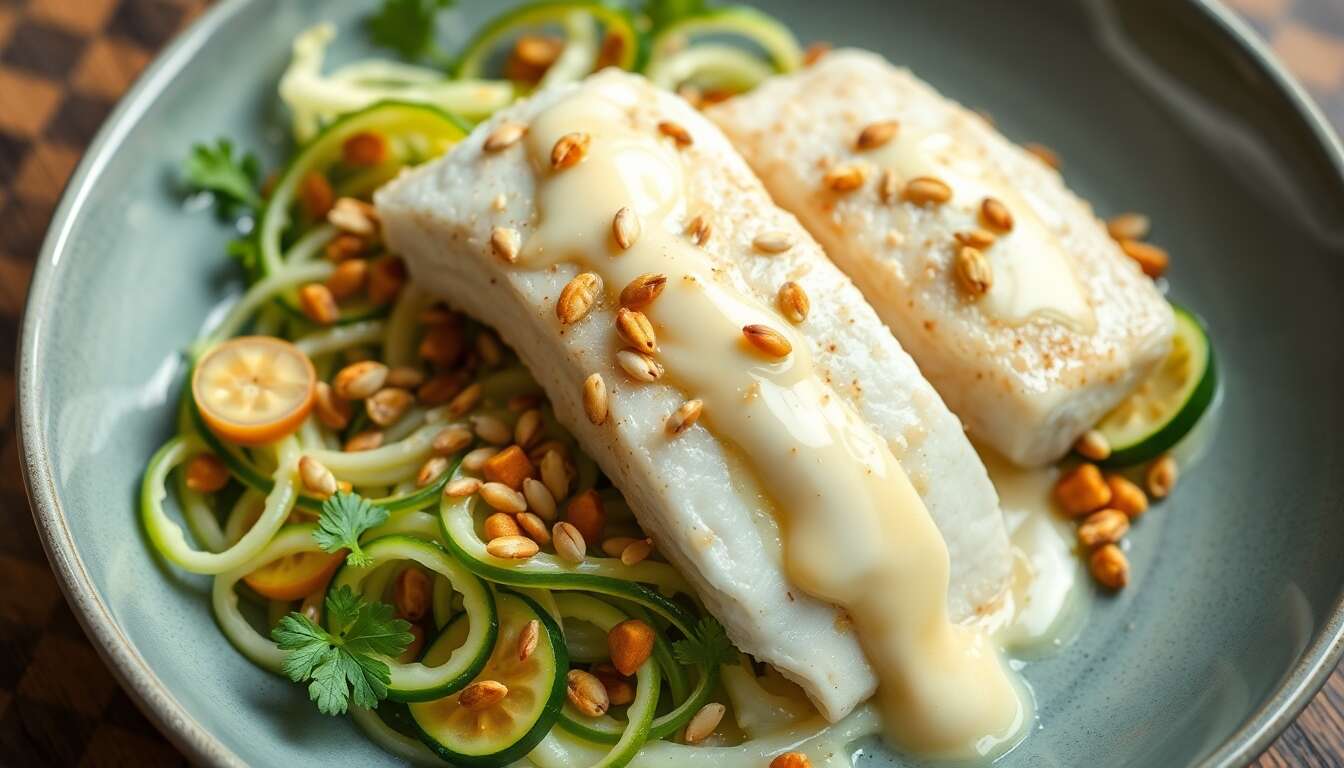 Aiglefin au coco : salade de chou chinois et courgettes aux trois graines, mayonnaise épicée